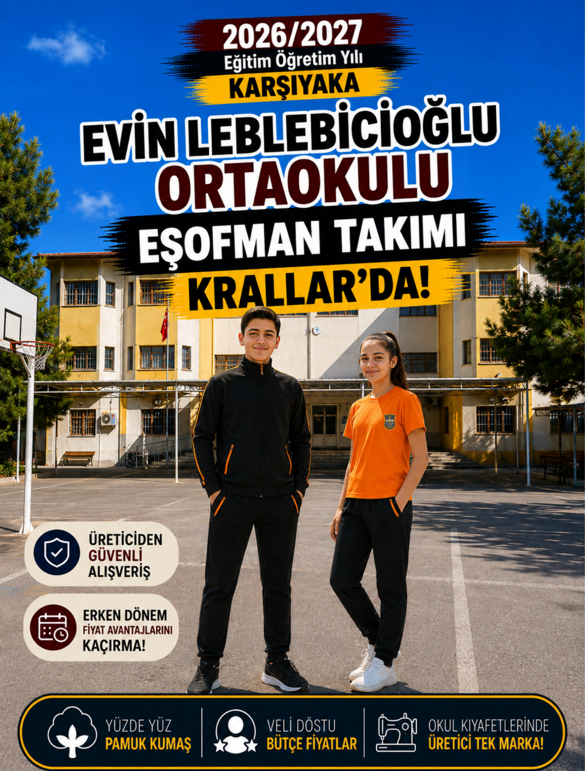 İzmir Karşıyaka Evin Leblebicioğlu Ortaokulu okul kıyafetleri ve okul forması, Krallar Tekstil tarafından okulun forma modeline uygun olarak üretilmektedir.