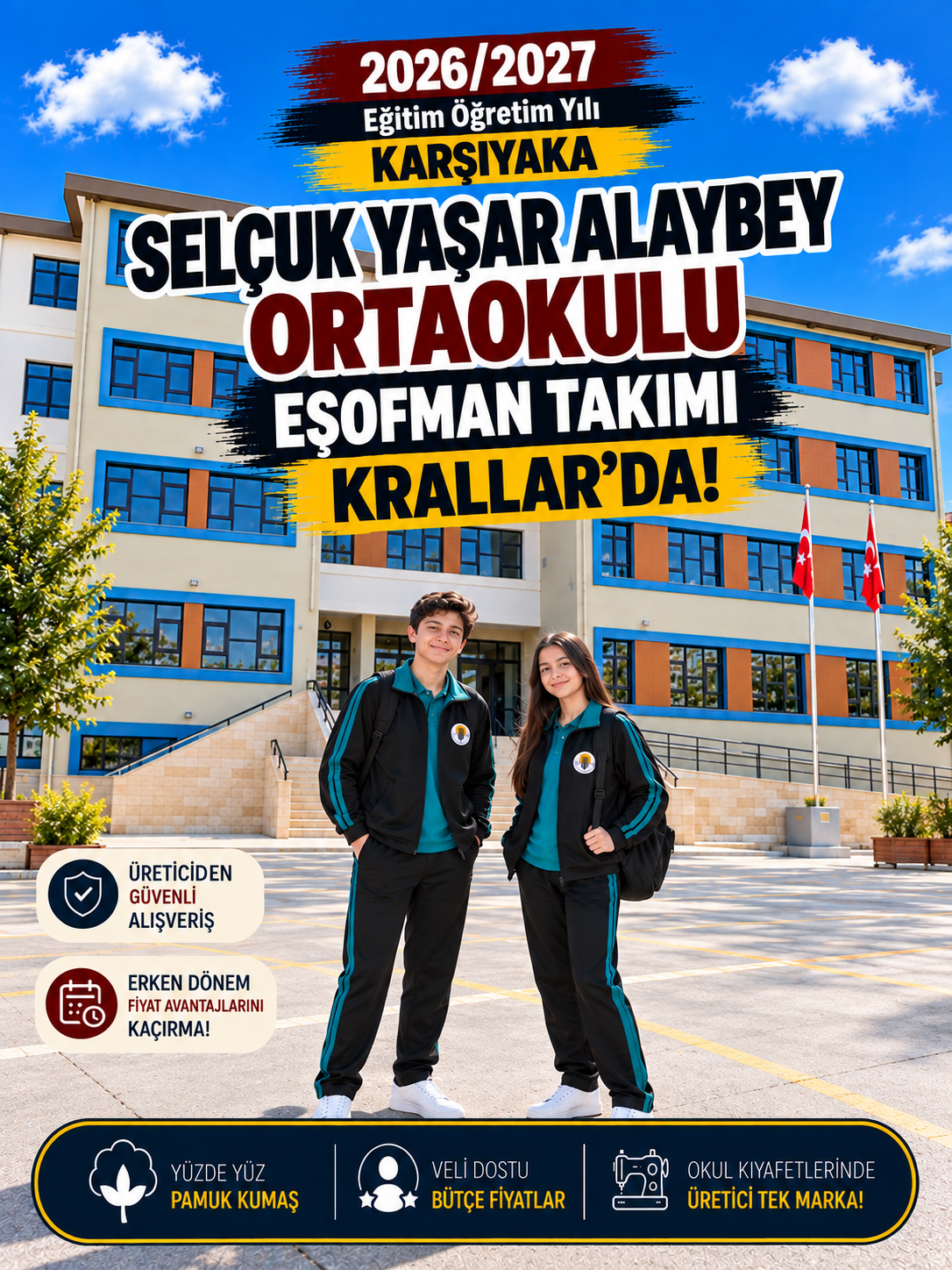 İzmir Karşıyaka Selçuk Yaşar Alaybey Ortaokulu eşofman takımı ve okul eşofmanı, Krallar Tekstil tarafından okulun eşofman modeline uygun olarak üretilmektedir.
