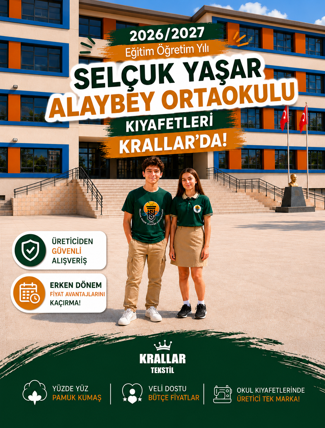 Selçuk Yaşar Alaybey Ortaokulu okul kıyafetleri ve okul forması, Krallar Tekstil tarafından üretilmekte ve Renk Durağı Menemen Yetkili Satış Noktası'nda sunulmaktadır.