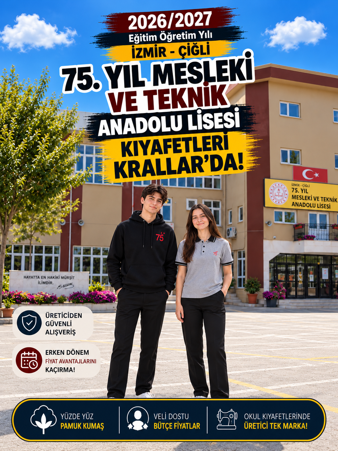 İzmir Çiğli 75. Yıl Mesleki ve Teknik Anadolu Lisesi okul kıyafetleri ve okul forması, Krallar Tekstil tarafından okulun forma modeline uygun olarak üretilmektedir.