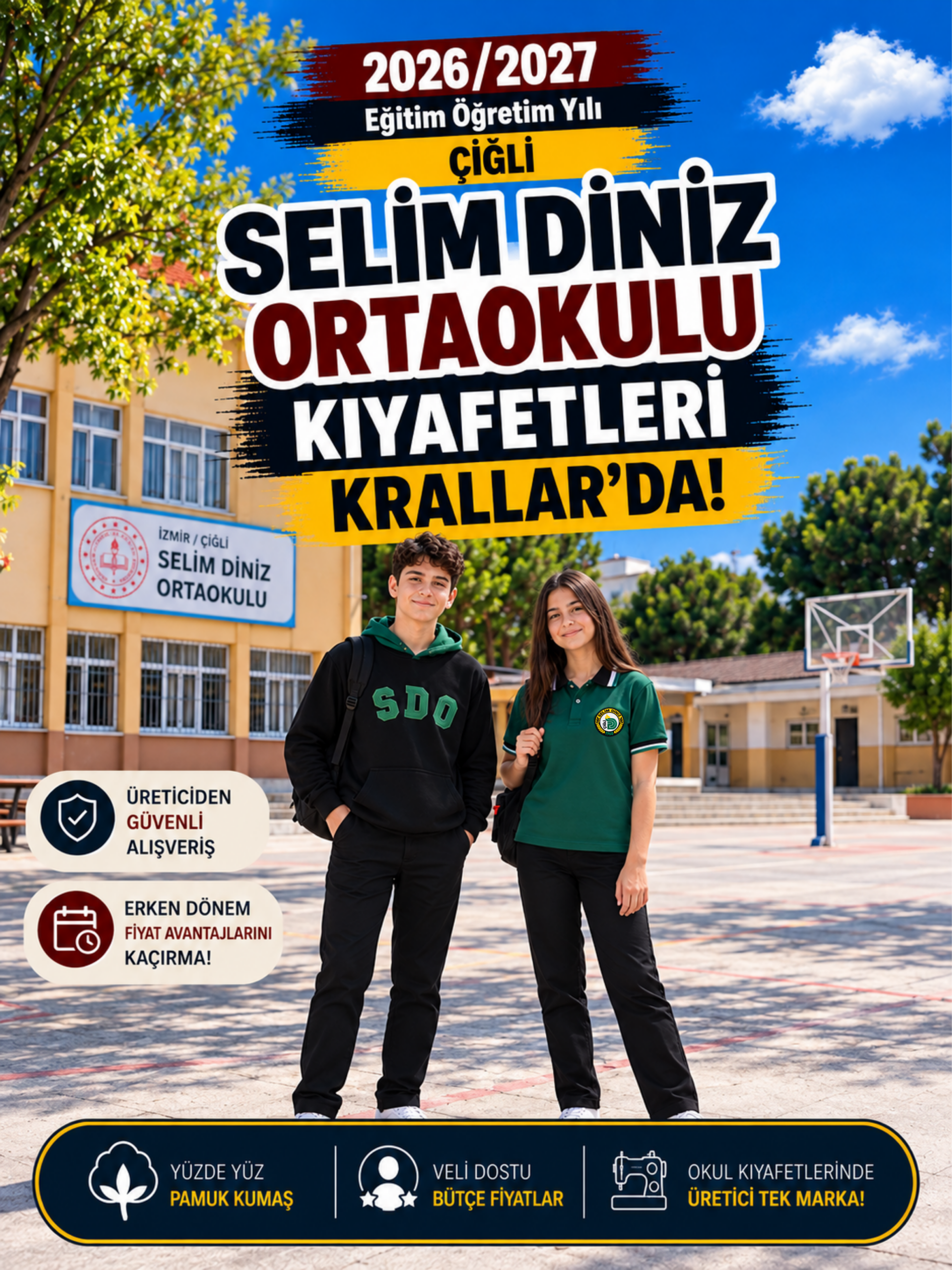 İzmir Çiğli Selim Diniz Ortaokulu okul kıyafetleri ve okul forması, Krallar Tekstil tarafından okulun forma modeline uygun olarak üretilmektedir.