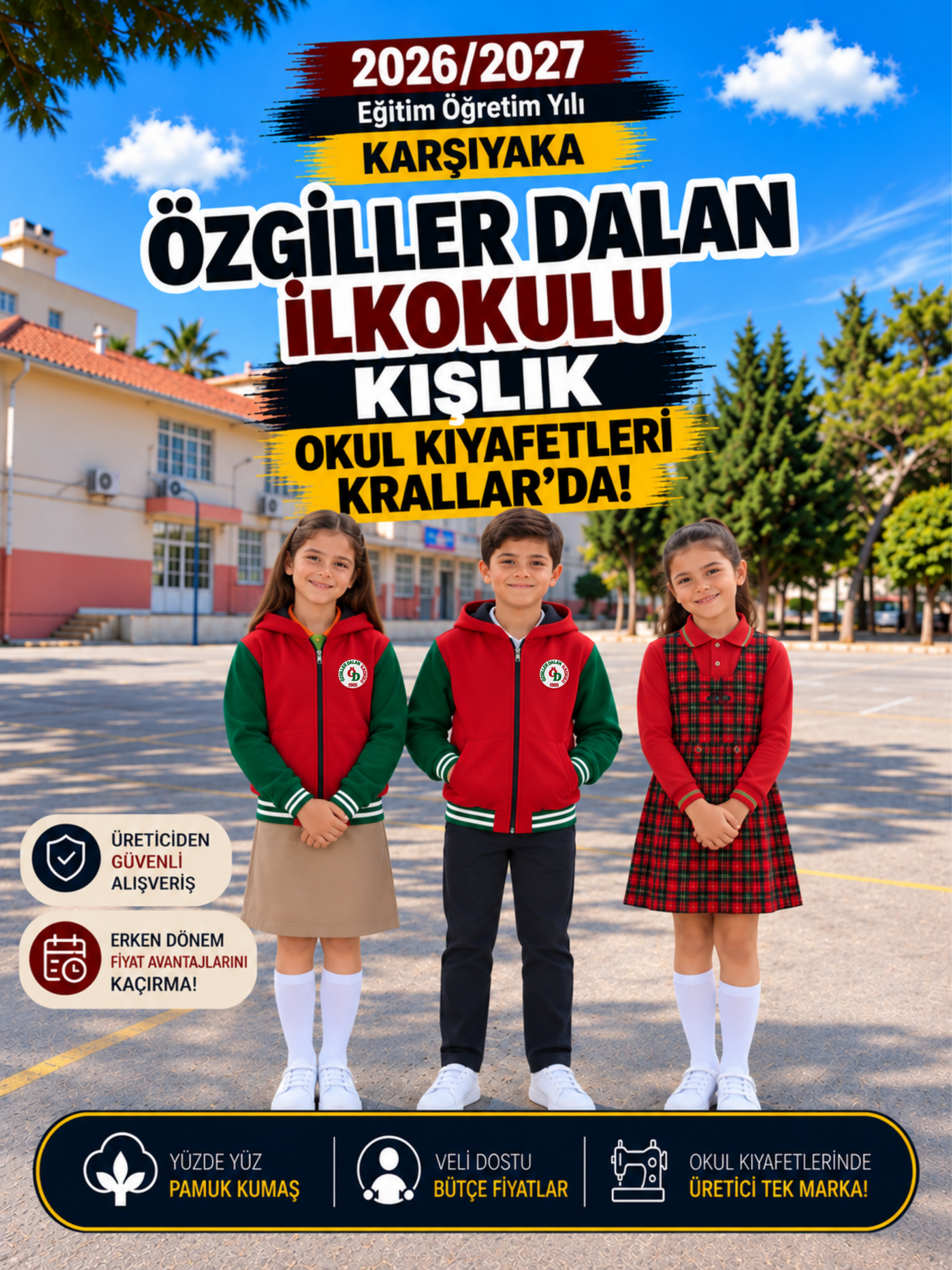 İzmir Karşıyaka Özgiller Dalan İlkokulu kışlık okul kıyafetleri ve okul forması, Krallar Tekstil tarafından okulun kışlık forma modeline uygun olarak üretilmektedir.
