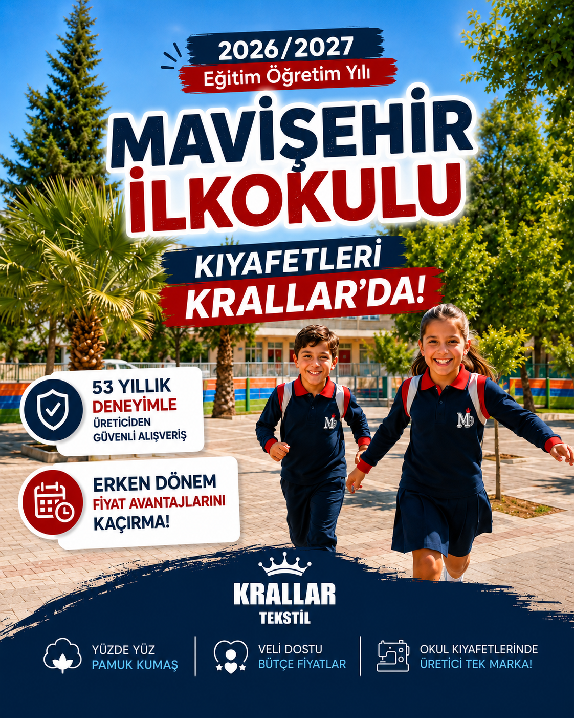 Mavişehir İlkokulu okul kıyafetleri ve okul forması, Krallar Tekstil tarafından üretilmekte ve Renk Durağı Menemen Yetkili Satış Noktası'nda sunulmaktadır.