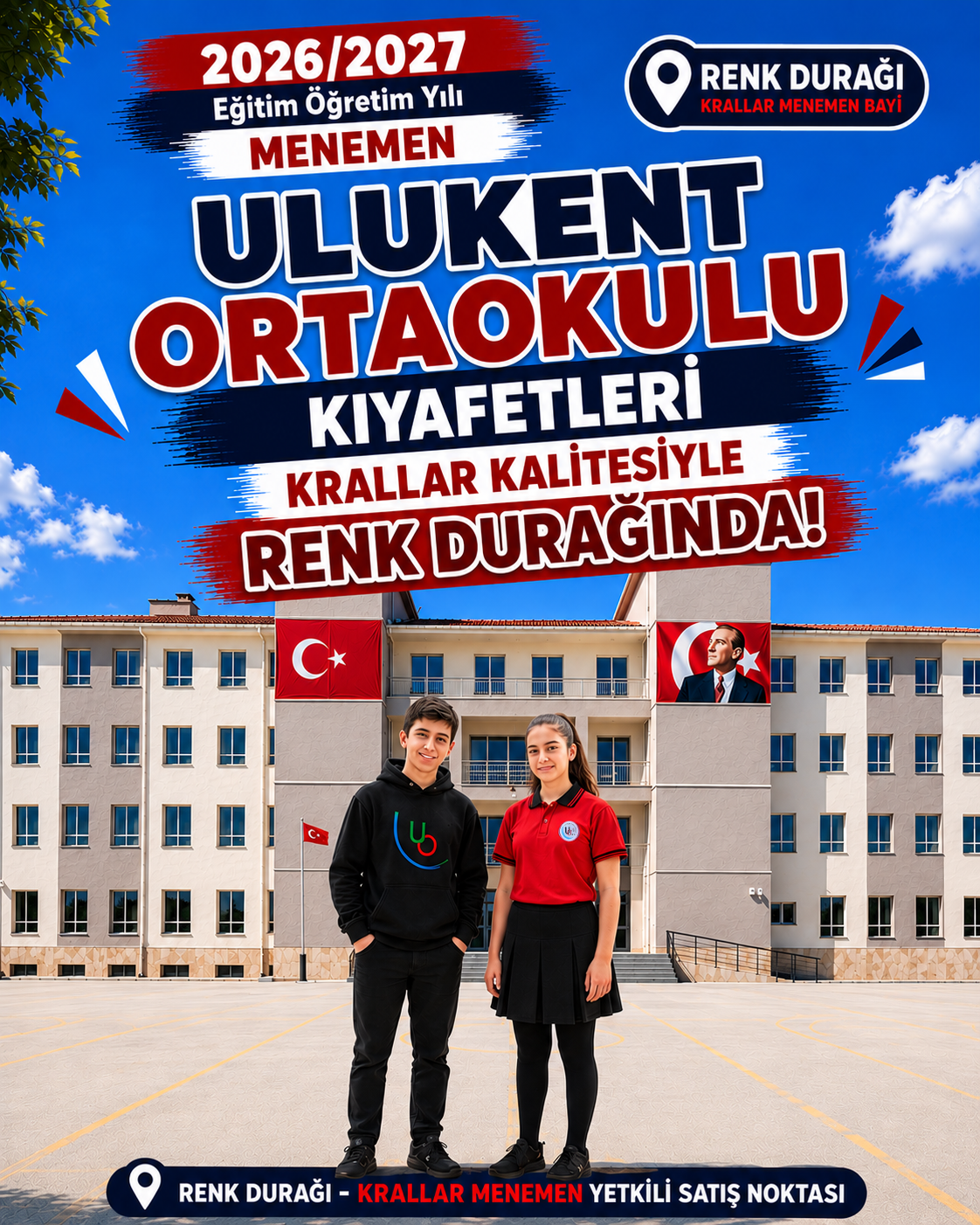 Ulukent Ortaokulu okul kıyafetleri ve okul forması, Krallar Tekstil tarafından üretilmekte ve Renk Durağı Menemen Yetkili Satış Noktası’nda sunulmaktadır.