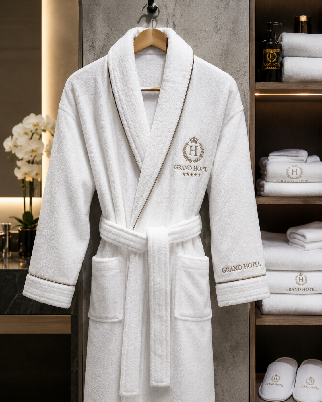Yumuşak dokusu ve şık tasarımıyla öne çıkan premium otel bornozu modeli. Spa, resort ve lüks otel konseptleri için profesyonel otel tekstili çözümü sunar.