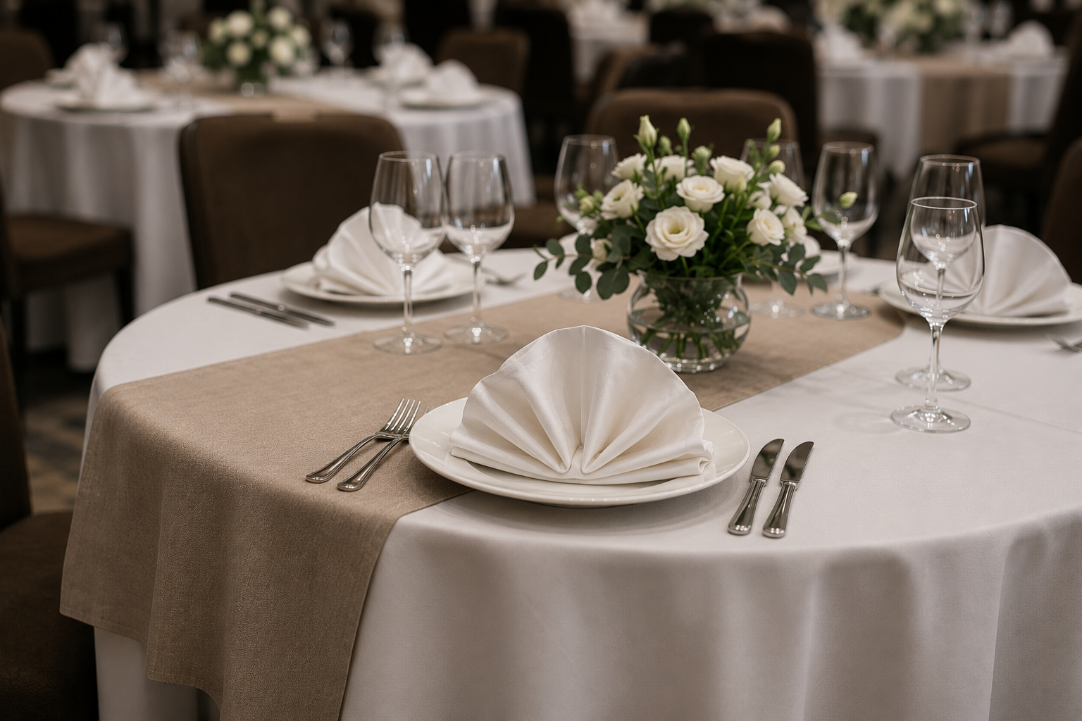 Lüks otel restoranları ve banket organizasyonları için tasarlanan premium masa tekstili çözümleri. Şık masa örtüsü, runner ve peçete detaylarıyla otel, davet ve organizasyon alanlarında estetik görünüm, dayanıklılık ve profesyonel kullanım sunar.