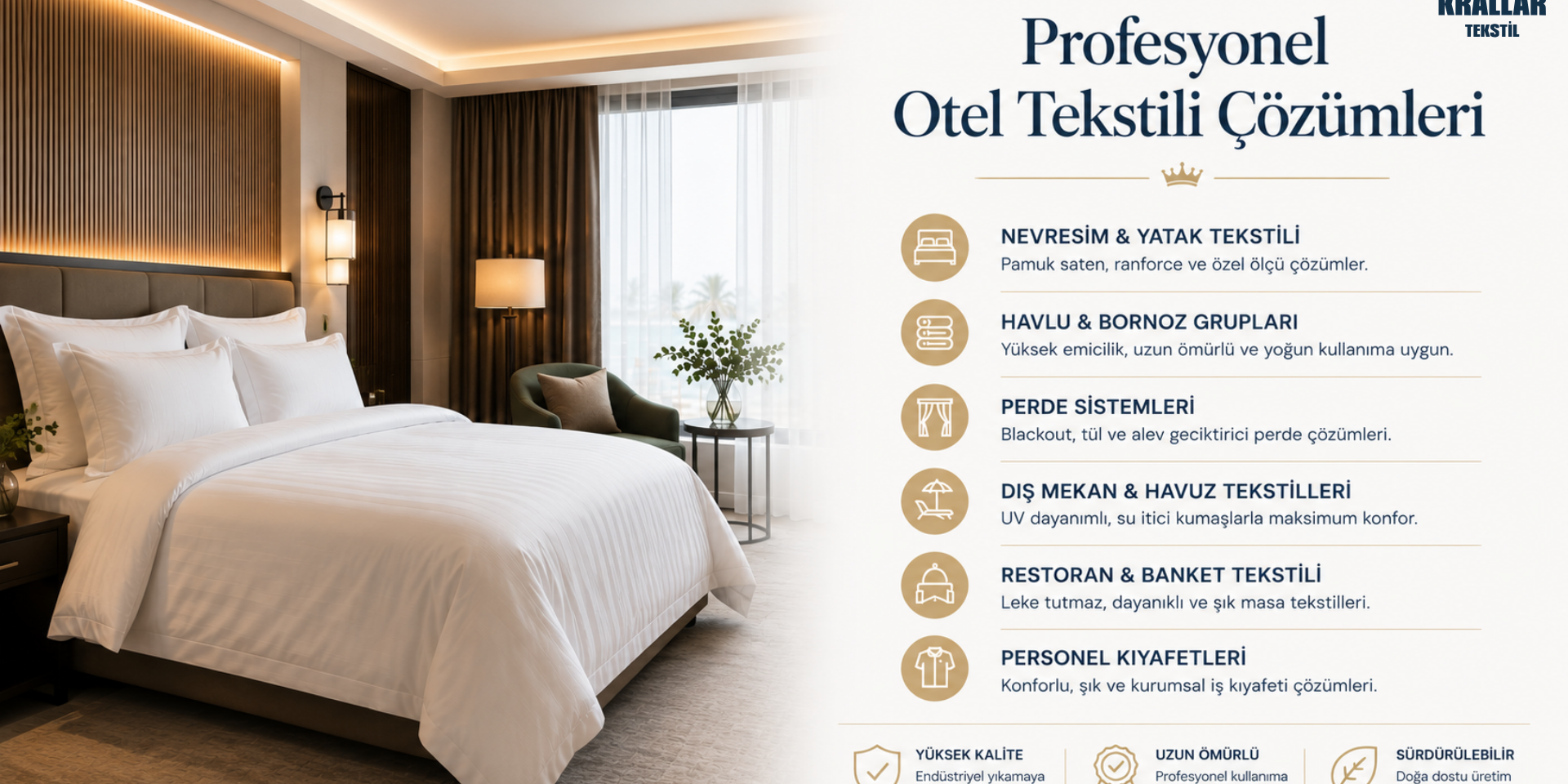 Profesyonel otel tekstili çözümleriyle nevresimden perde sistemlerine, dış mekan tekstillerinden personel kıyafetlerine kadar kurumsal üretim anlayışı.