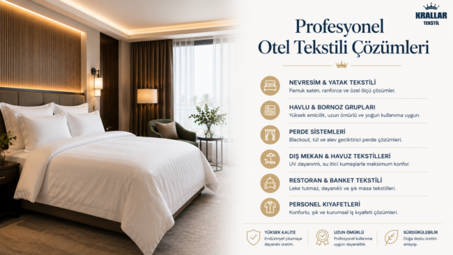 profesyonel-otel-tekstili-cozumleri Profesyonel otel tekstili çözümleriyle nevresimden perde sistemlerine, dış mekan tekstillerinden personel kıyafetlerine kadar kurumsal üretim anlayışı.