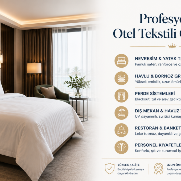 profesyonel-otel-tekstili-cozumleri Profesyonel otel tekstili çözümleriyle nevresimden perde sistemlerine, dış mekan tekstillerinden personel kıyafetlerine kadar kurumsal üretim anlayışı.