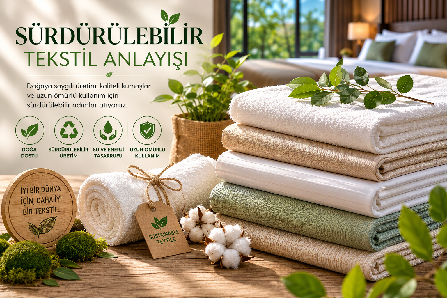 Doğa dostu üretim anlayışıyla geliştirilen sürdürülebilir otel ve restoran tekstili çözümleri; kalite, konfor ve uzun ömürlü kullanım avantajını bir arada sunar.