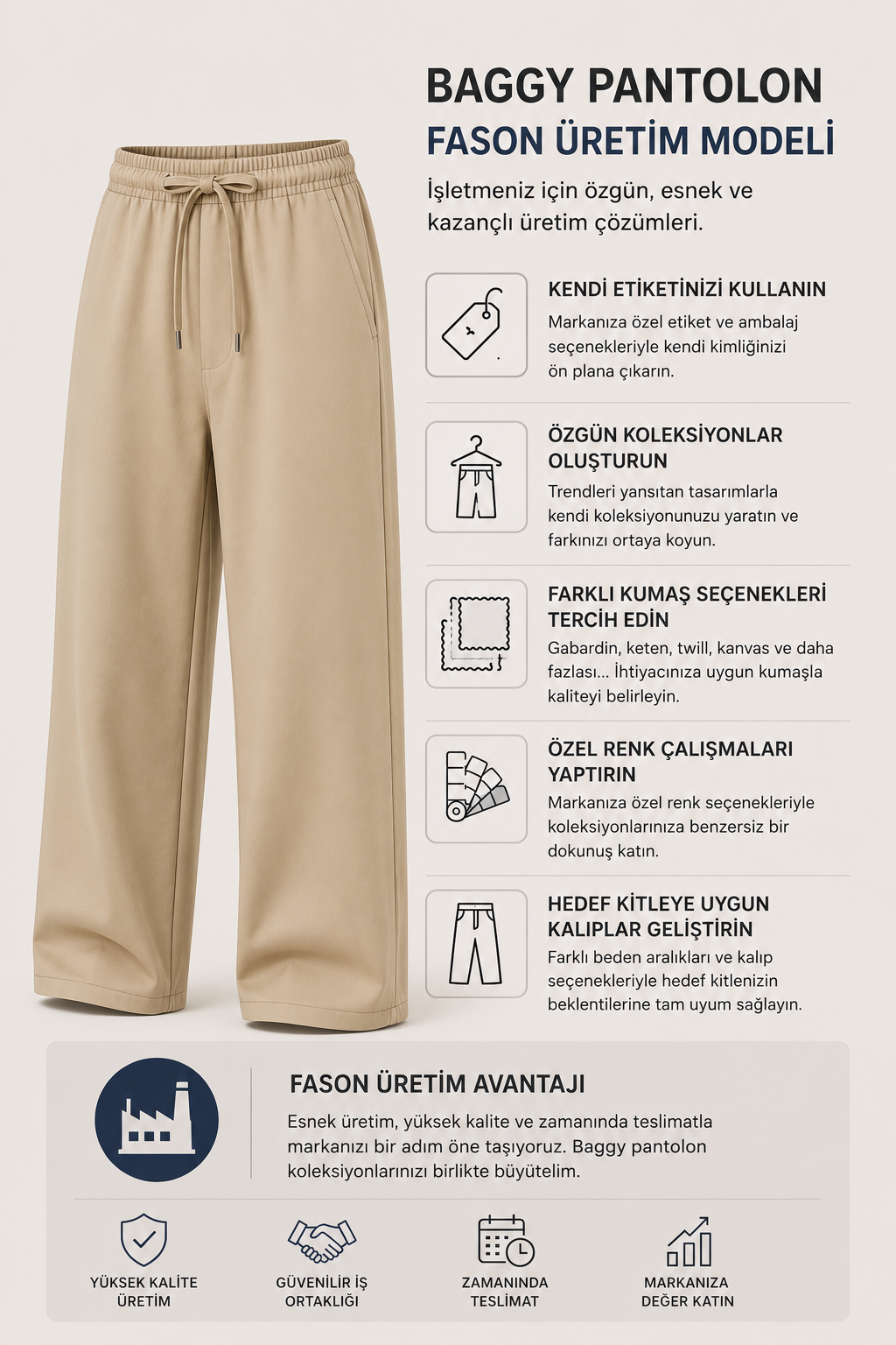 Baggy pantolon fason üretimi; işletmelere kendi markalarıyla üretim yapma, özel etiket kullanma, farklı kumaş ve renk seçenekleri belirleme, hedef kitleye uygun kalıp geliştirme ve özgün koleksiyonlar oluşturma imkânı sunar. Kuruma özel üretim çözümleriyle markanızın ihtiyaçlarına uygun esnek üretim süreçleri sağlanır.