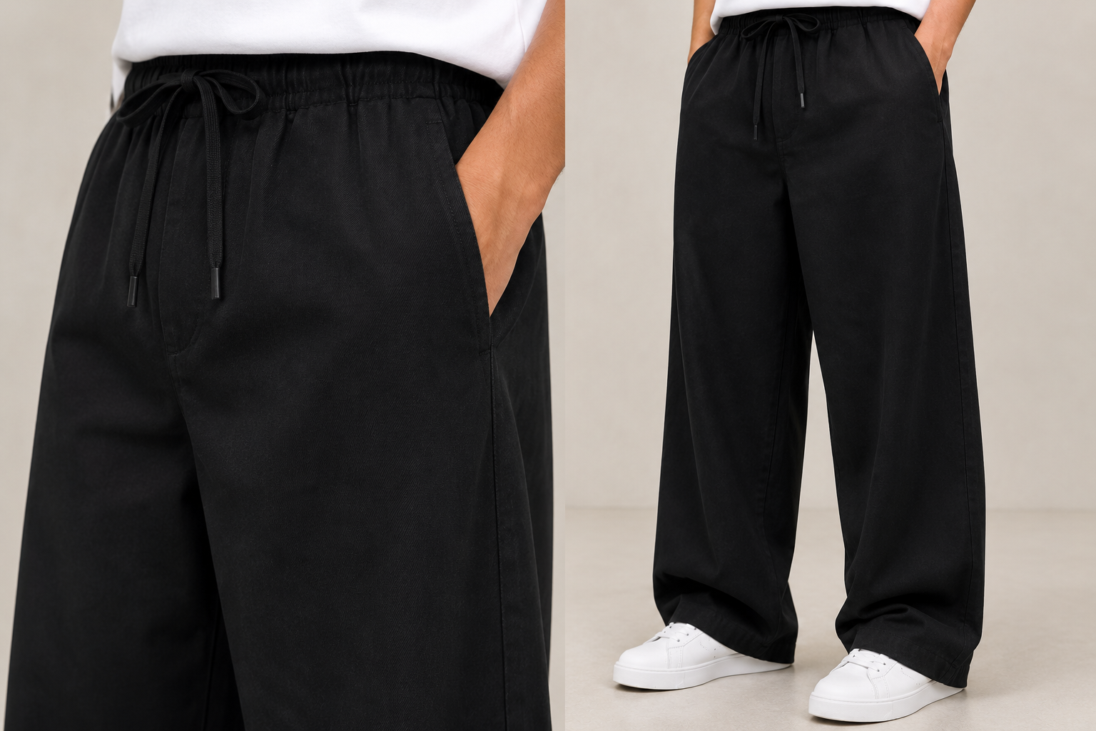Krallar Tekstil üretimi baggy pantolon modellerinde kullanılan kaliteli gabardin kumaşın dayanıklılığını, konforunu ve uzun ömürlü kullanım özelliklerini gösteren görsel.