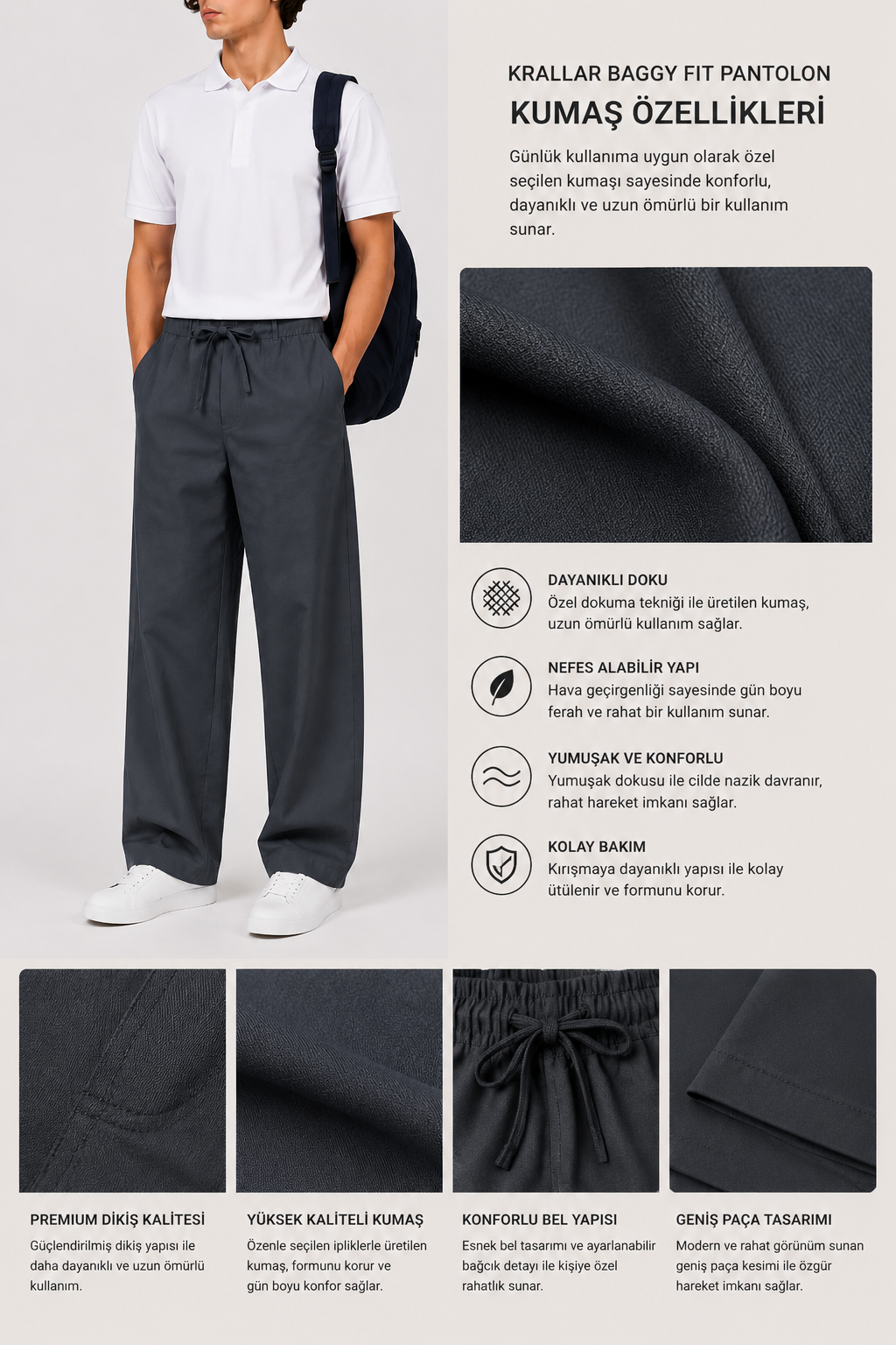 Kaliteli gabardin kumaştan üretilen baggy pantolon, sık dokulu yapısı sayesinde yüksek dayanıklılık sunarken nefes alabilen dokusuyla gün boyu konfor sağlar. Renk dayanımı yüksek olan kumaşı, sık yıkamalarda formunu koruyarak uzun ömürlü kullanım avantajı sunar.