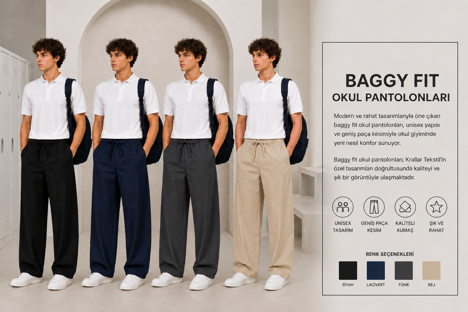 Baggy pantolon modelleri, okul ve kurumsal ihtiyaçlara uygun farklı renk seçenekleriyle üretilmektedir. Kuruma özel renk çalışmaları ve toplu üretim çözümleriyle her projeye uygun üretim imkânı sunulmaktadır.