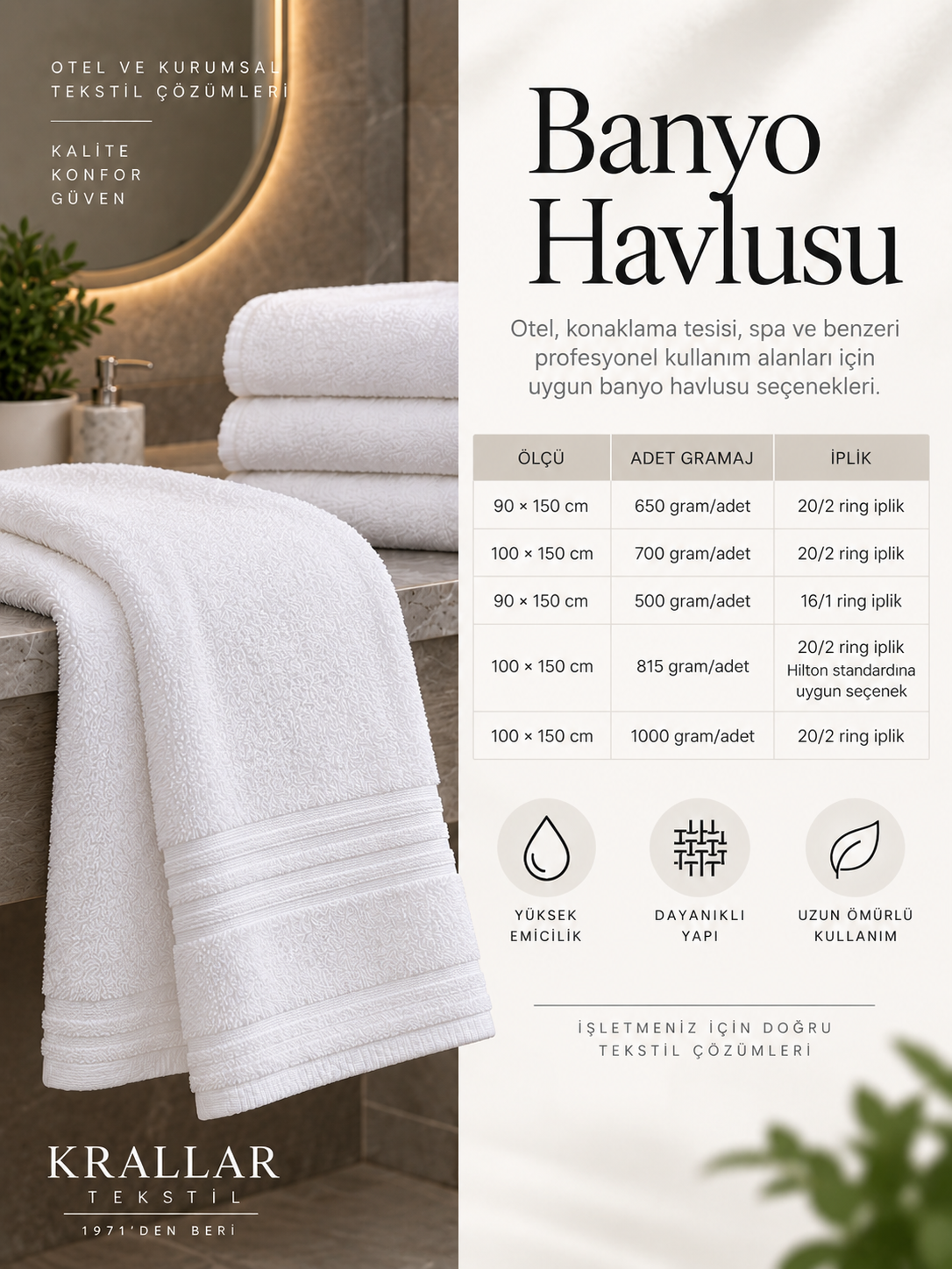 Denizli banyo havlusu üreticisi Krallar Tekstil’den farklı ölçü ve gramajlarda otel banyo havlusu üretimi.