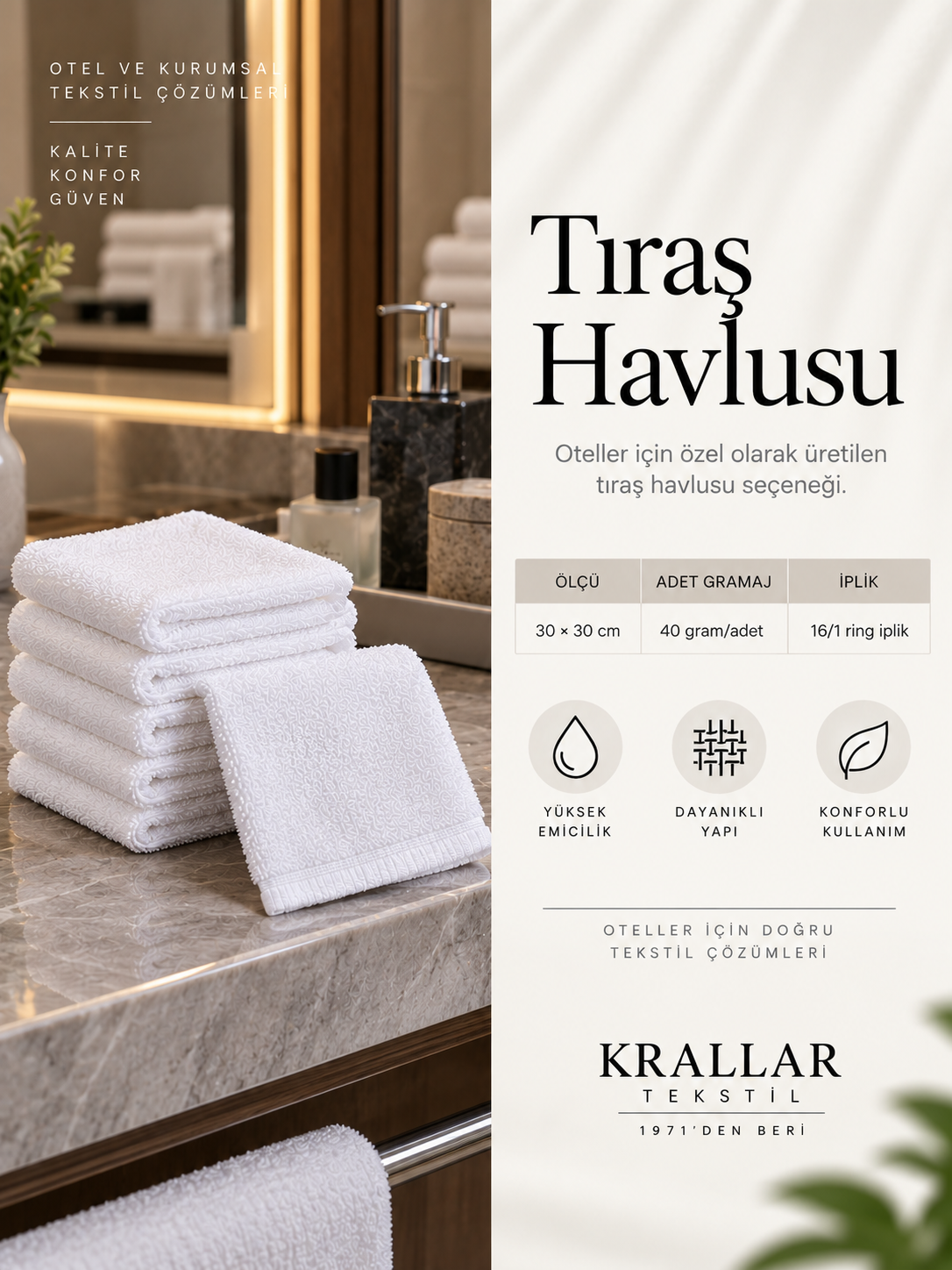 Krallar Tekstil’den otellere yönelik 30 × 30 cm tıraş havlusu üretimi ve toplu sipariş seçenekleri.