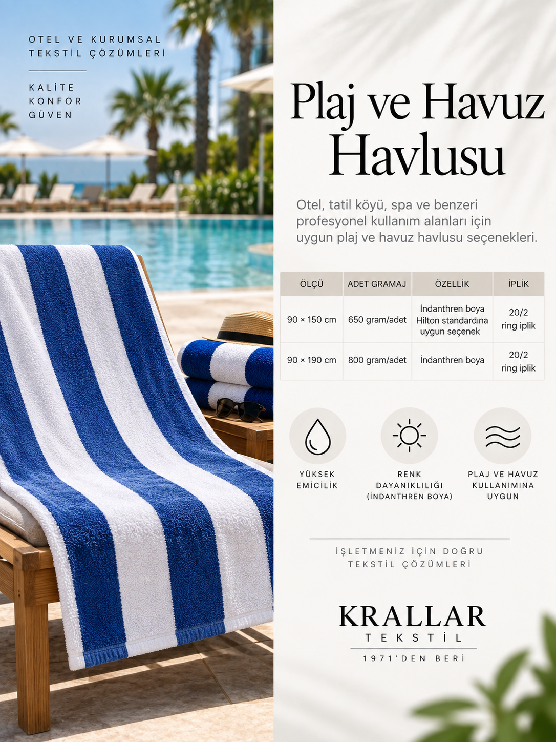 Denizli plaj ve havuz havlusu üreticisi Krallar Tekstil’den otel, resort ve tesislere özel toplu havlu üretimi.