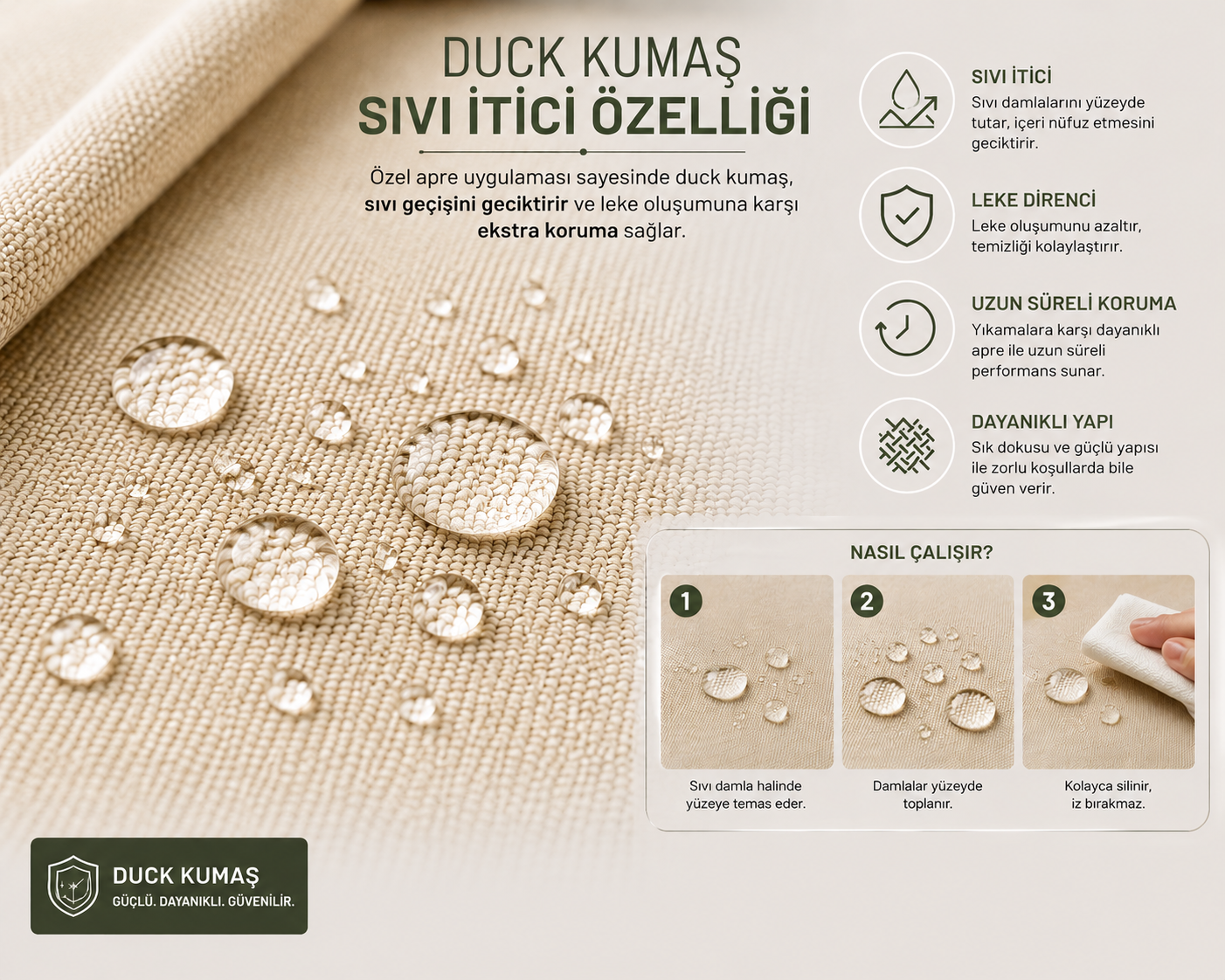 Krallar Tekstil tarafından tedarik edilen duck kumaşlar, özel apre uygulaması sayesinde sıvı itici özellik kazanarak günlük kullanımlarda daha kolay temizlik ve uzun ömürlü performans sunmaktadır.