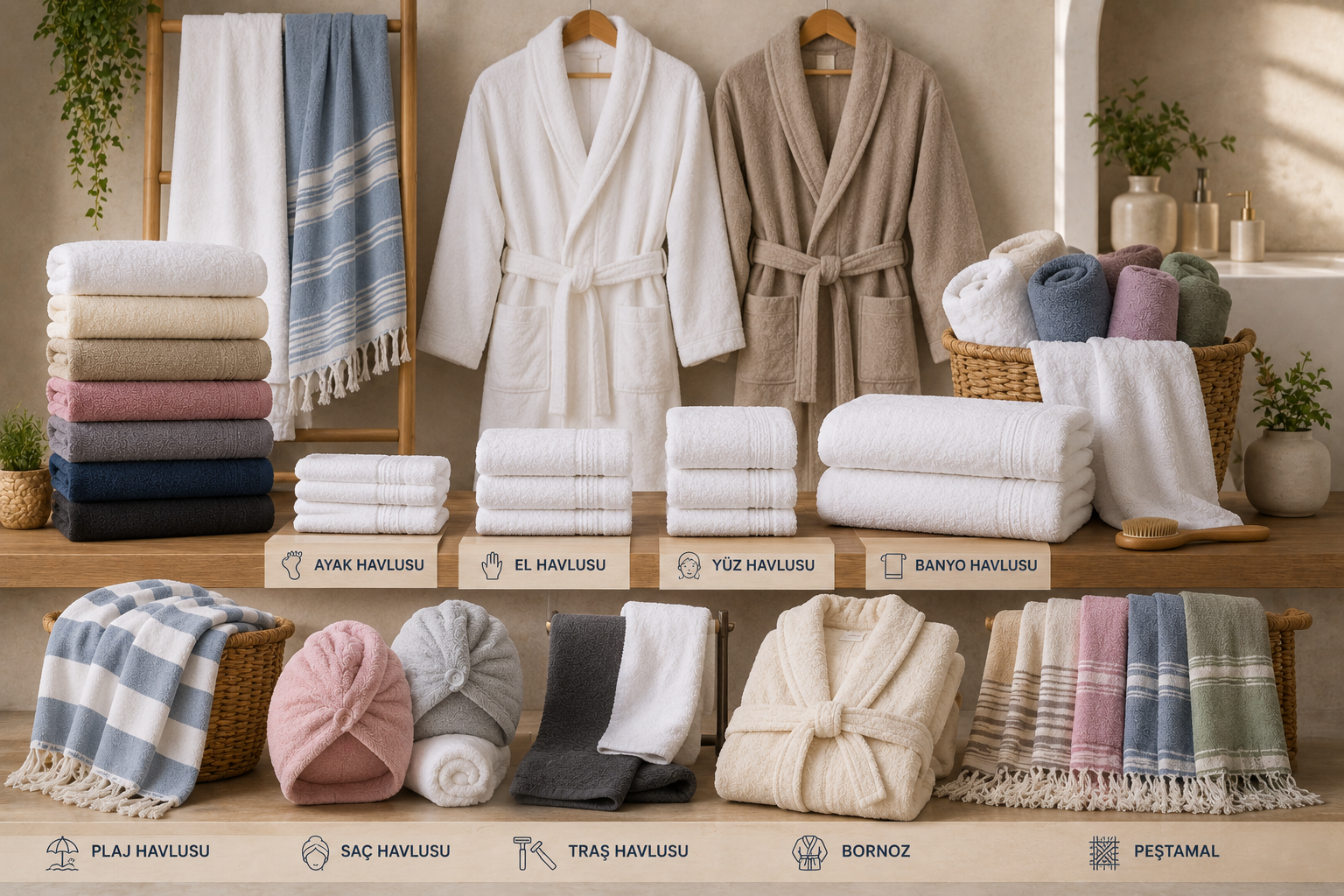 Ayak havlusu, el havlusu, yüz havlusu, banyo havlusu, plaj havlusu, saç havlusu, tıraş havlusu, bornoz ve peştamal çeşitlerini bir arada Krallar Tekstil'de. 