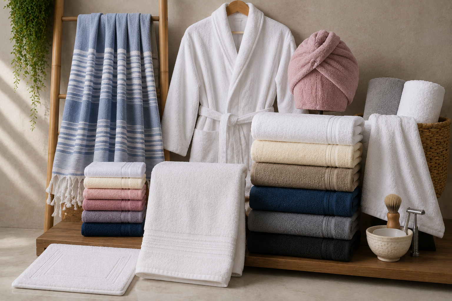 Banyo havlusu, el havlusu, yüz havlusu, ayak havlusu, plaj havlusu, saç havlusu, tıraş havlusu, bornoz ve peştamal gibi tekstil ürünlerini bir arada Krallar Tekstil'de.