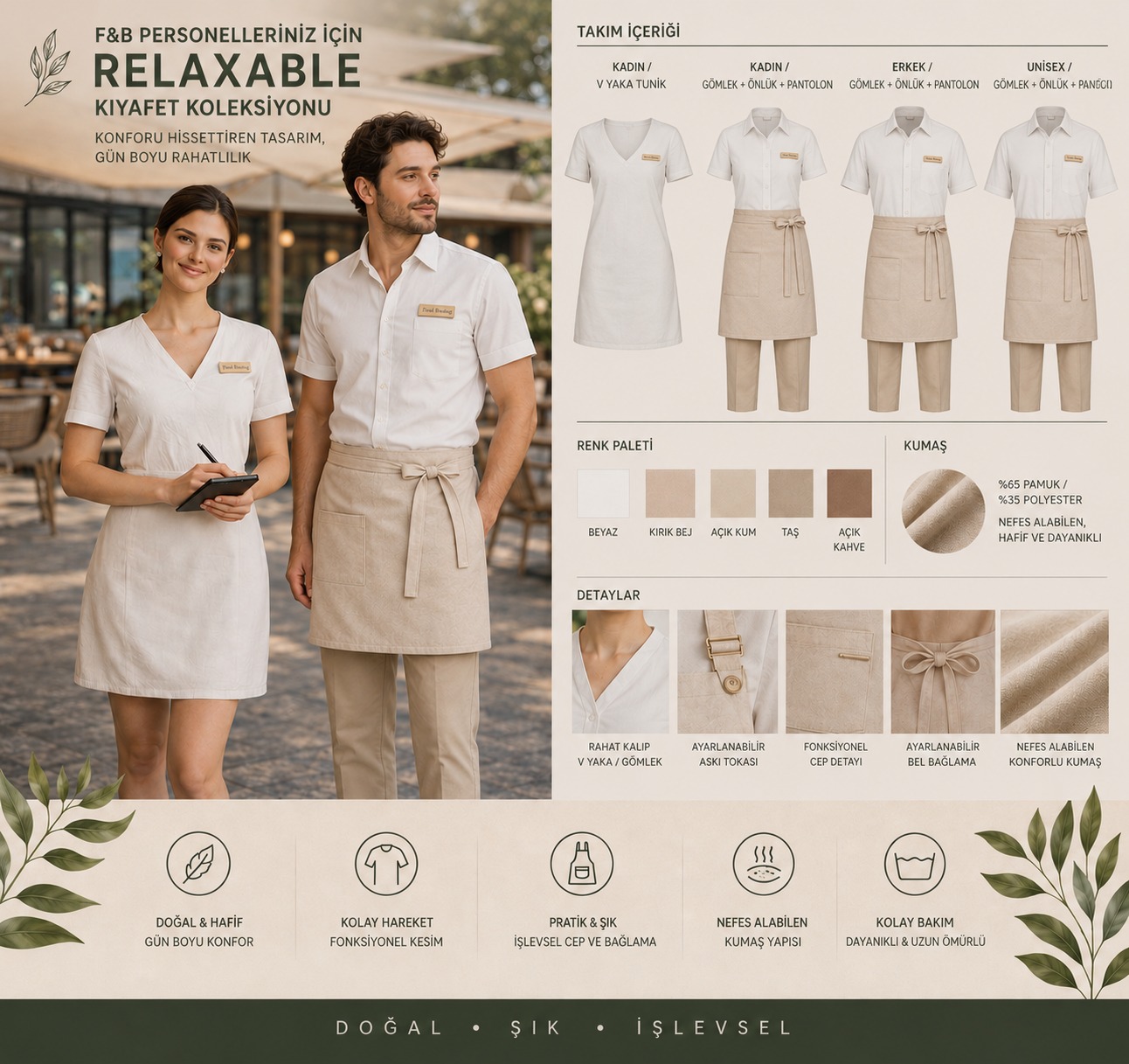 Krallar Tekstil tarafından üretilen F&B personel kıyafetleri; garson, servis personeli ve restoran çalışanları için modern iş kıyafetleri ve kurumsal üniformalar.