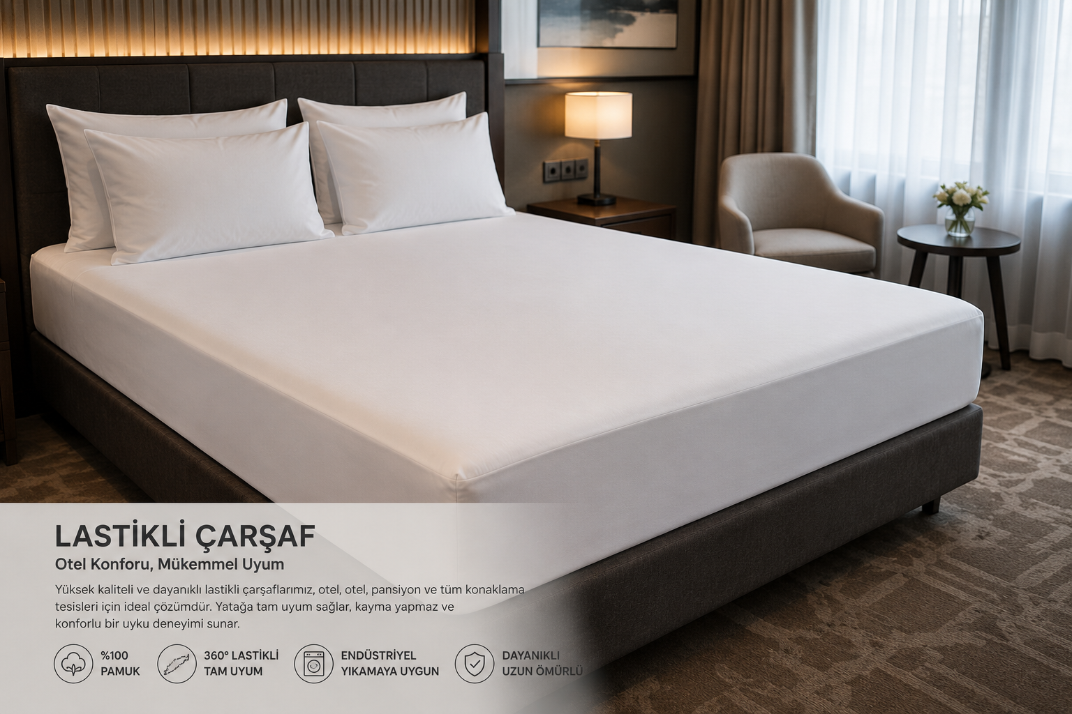 Otel, resort, butik otel ve konaklama tesisleri için üretilen lastikli çarşaf modelleri. Yatağı tamamen saran yapısı, konforlu kullanımı ve sık yıkamaya dayanıklı kumaşıyla profesyonel otel yatak tekstili çözümleri sunar.