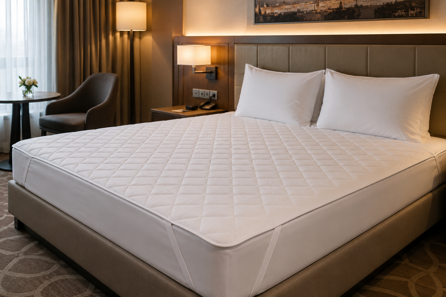 Otel odasında kullanılan yatak alezi. Sıvı geçirmez, hijyenik ve endüstriyel yıkamaya uygun yapısıyla oteller, pansiyonlar ve konaklama tesisleri için ideal yatak koruma çözümü.