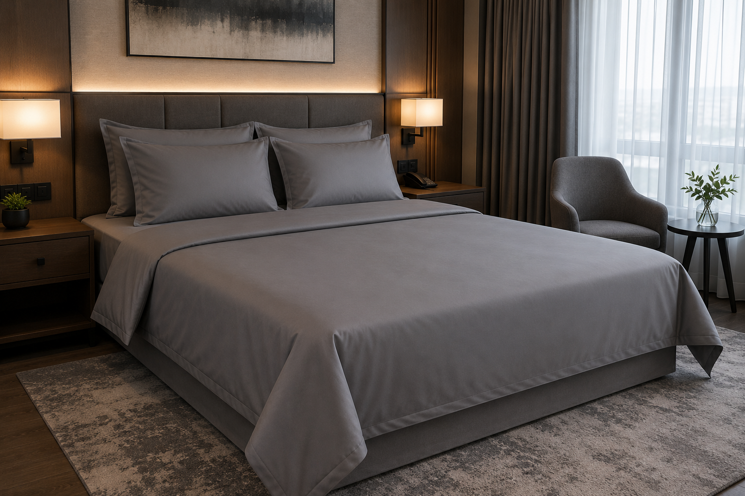 Modern otel odasında kullanılan otel nevresim takımı. Konfor, hijyen ve şık görünümü bir araya getiren profesyonel otel yatak tekstili çözümü, endüstriyel kullanıma uygun dayanıklı yapısıyla öne çıkar.