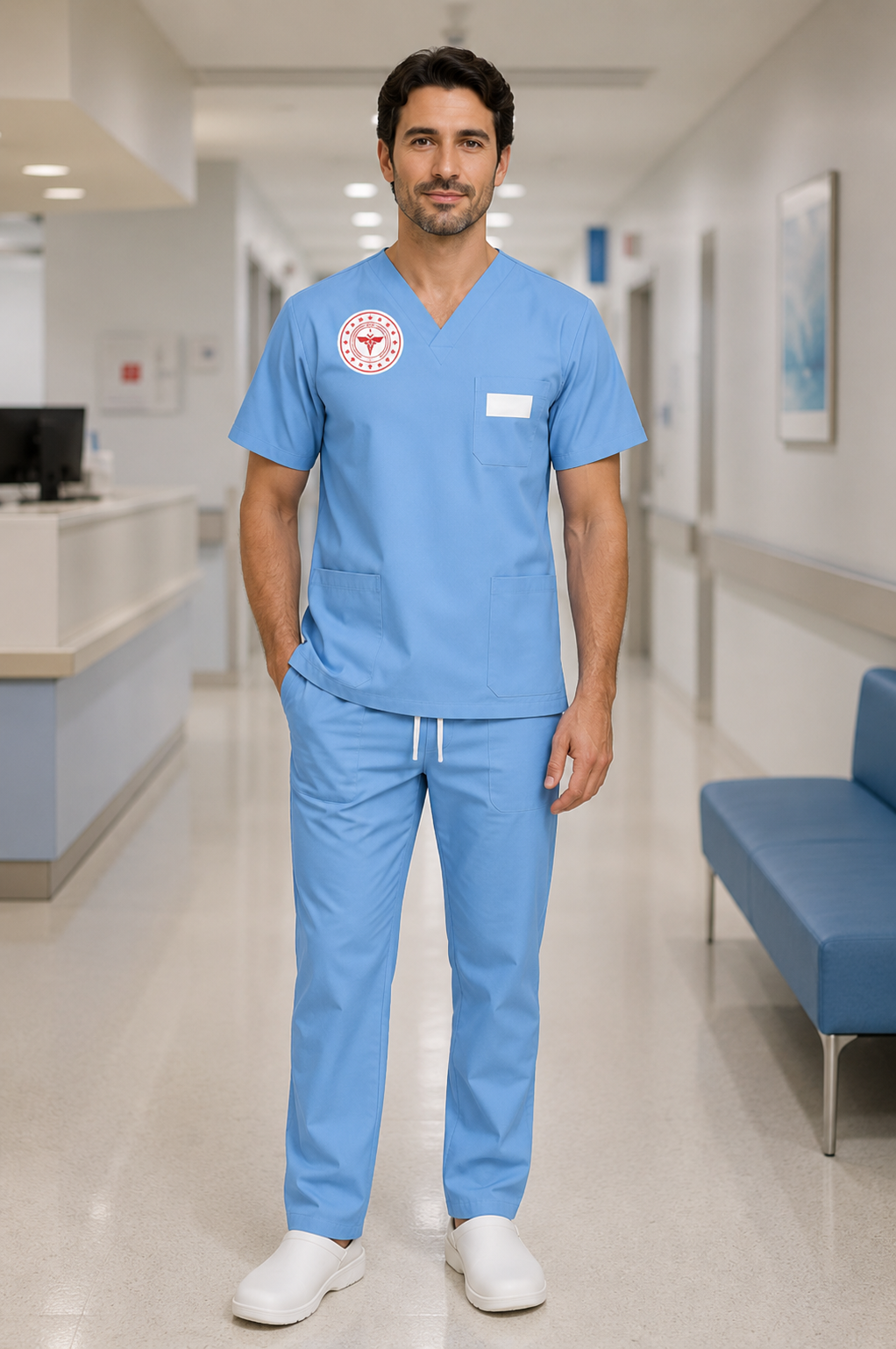 Açık mavi erkek doktor scrubs takımı, doktorlar, pratisyen hekimler, uzman hekimler, poliklinik personeli ve klinik çalışanları için modern ve konforlu bir kullanım sunar. Krallar Tekstil tarafından dayanıklı kumaş yapısıyla üretilmektedir.