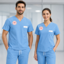 Alaskan Blue doktor scrubs takımı, kadın ve erkek doktorlar için modern, konforlu ve profesyonel bir görünüm sunar. Hastaneler, poliklinikler, tıp merkezleri ve özel sağlık kuruluşlarında görev yapan hekimler için tasarlanan bu scrubs modeli, Krallar Tekstil tarafından dayanıklı kumaş yapısı, rahat kalıbı ve kuruma özel üretim seçenekleriyle üretilmektedir.