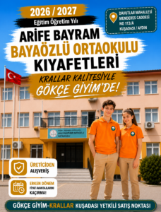 Arife Bayram Bayaözlü Ortaokulu okul kıyafetleri, Krallar Tekstil kalitesiyle Krallar Kuşadası Yetkili Satış Noktası Gökçe Giyim'de satışa sunulmaktadır.