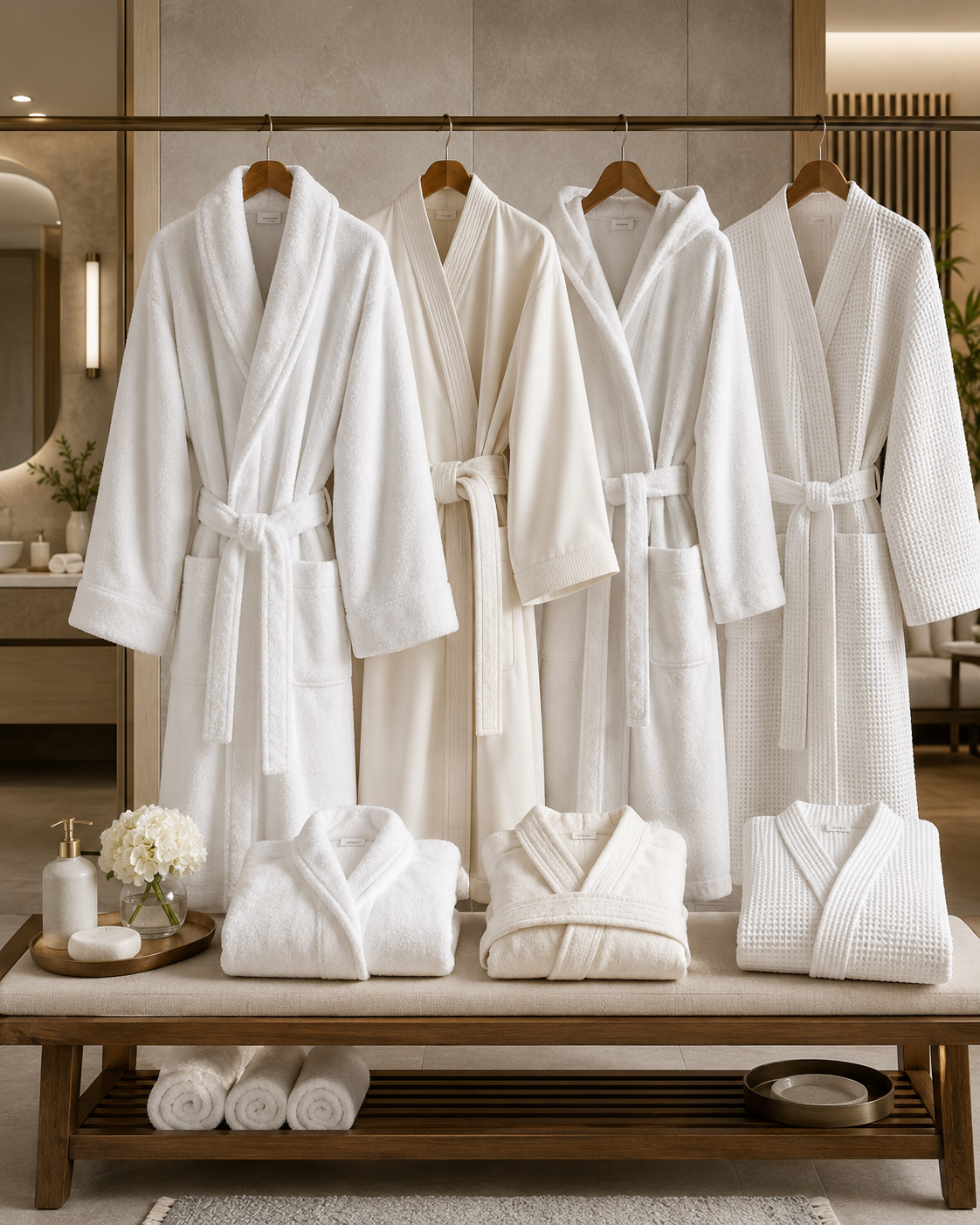 Denizli’de otel, spa ve resortlara özel şal yaka, kimono, kapüşonlu ve waffle bornoz üretimi.