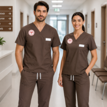 Friar Brown renk scrubs takımı, kadın ve erkek klinik destek personeli, yardımcı sağlık çalışanları, laboratuvar personeli, poliklinik ekipleri, hasta bakım ve destek hizmetleri çalışanları için profesyonel kullanım sunar. Krallar Tekstil tarafından konforlu kalıp, dayanıklı kumaş yapısı ve kuruma özel üretim seçenekleriyle üretilmektedir.
