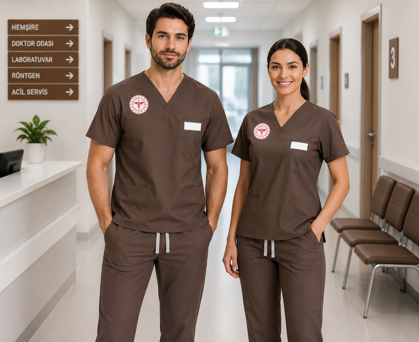 Friar Brown renk scrubs takımı, kadın ve erkek klinik destek personeli, yardımcı sağlık çalışanları, laboratuvar personeli, poliklinik ekipleri, hasta bakım ve destek hizmetleri çalışanları için profesyonel kullanım sunar. Krallar Tekstil tarafından konforlu kalıp, dayanıklı kumaş yapısı ve kuruma özel üretim seçenekleriyle üretilmektedir.