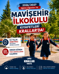 Mavişehir İlkokulu okul kıyafetleri ve okul forması, Krallar Tekstil tarafından üretilmekte ve Renk Durağı Menemen Yetkili Satış Noktası'nda sunulmaktadır.