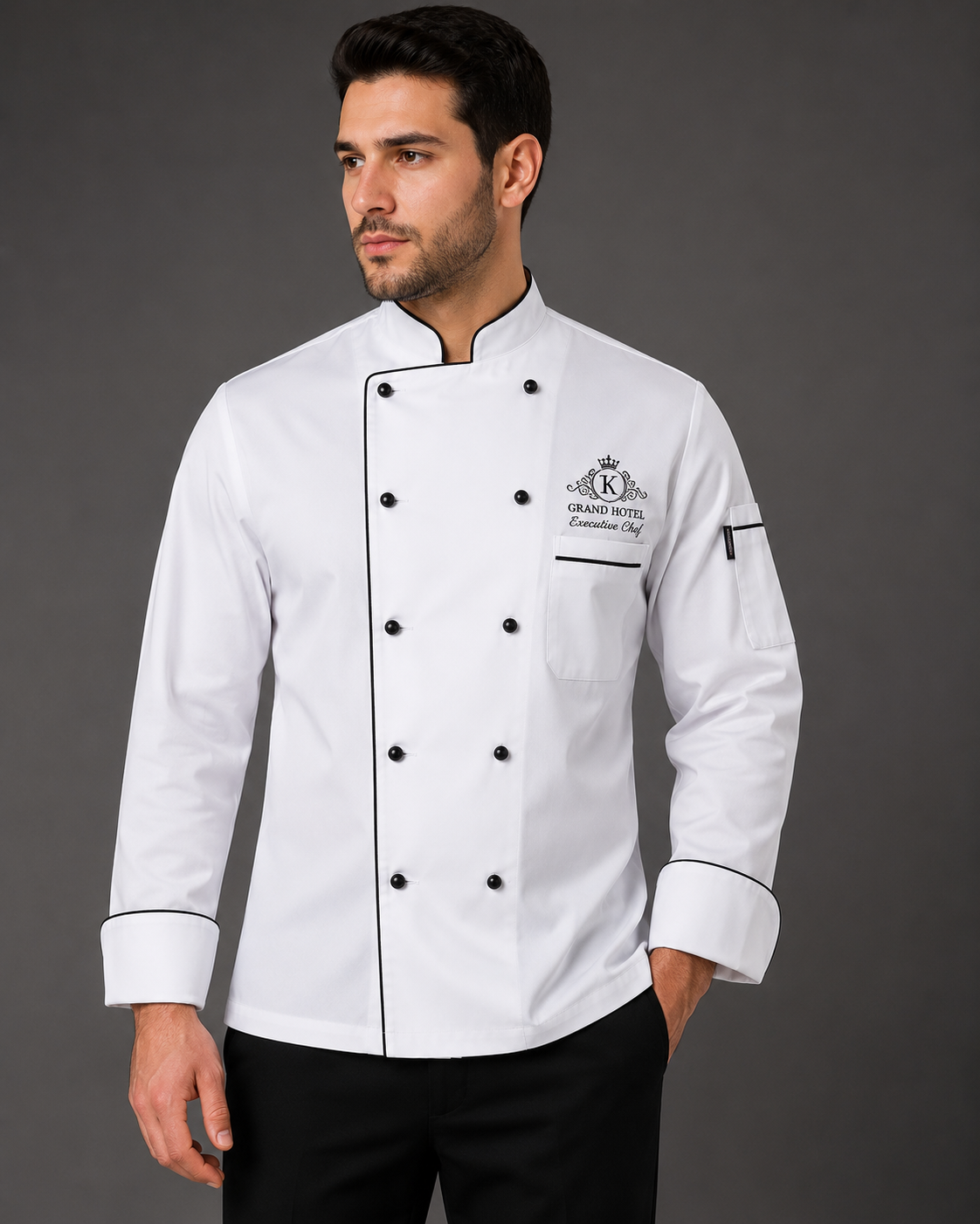 Krallar Tekstil tarafından otel ve restoran mutfakları için üretilen, kuruma özel logo nakışı uygulanabilen şık, dayanıklı ve profesyonel aşçı ceketi.