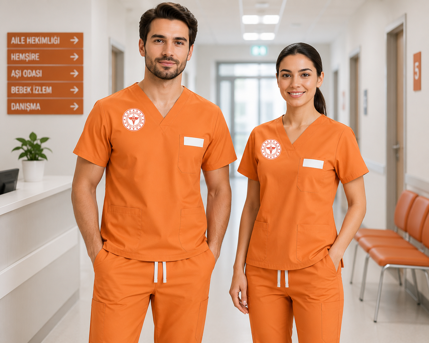 Orange Ochre renk scrubs takımı, kadın ve erkek klinik destek kadrosunda görev yapan sürekli işçiler, hasta yönlendirme personeli, hasta taşıma görevlileri, klinik destek personeli, sağlık hizmetleri destek çalışanları ve yardımcı hizmet personeli için profesyonel kullanım sunar. Krallar Tekstil tarafından yoğun çalışma temposuna uygun, dayanıklı kumaş yapısı, rahat kalıbı ve kuruma özel üretim seçenekleriyle üretilmektedir.