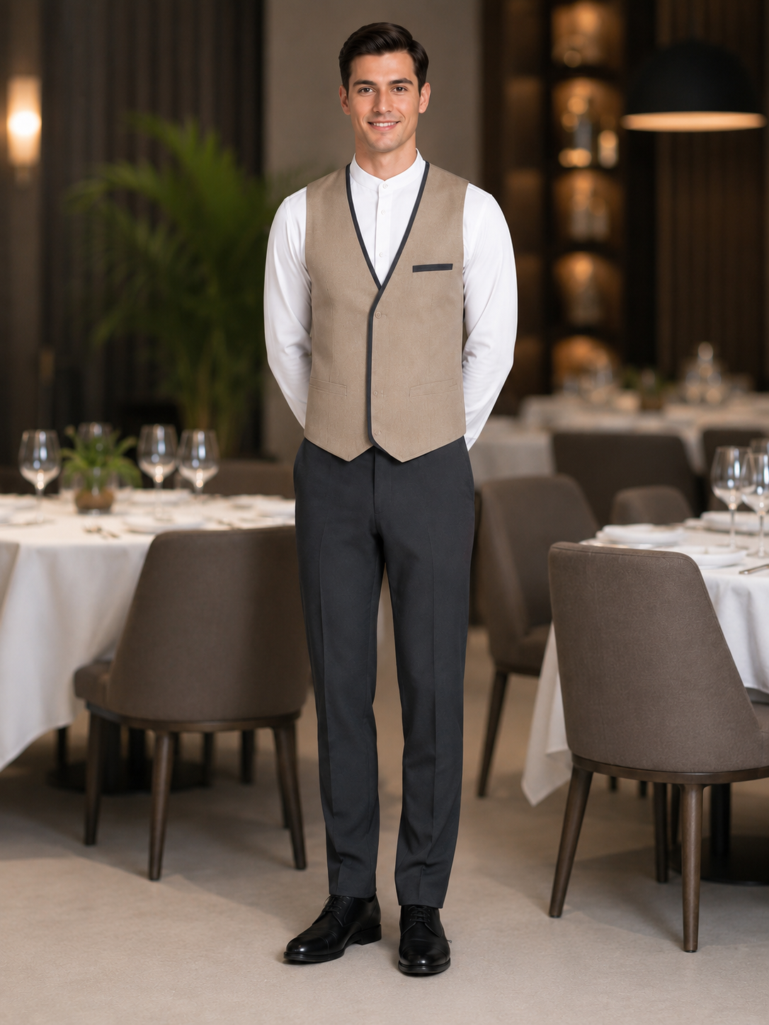 Krallar Tekstil tarafından otel ve restoran servis ekipleri için hazırlanan, yelekli tasarımıyla şık ve profesyonel bir görünüm sunan erkek F&B personel üniforması.