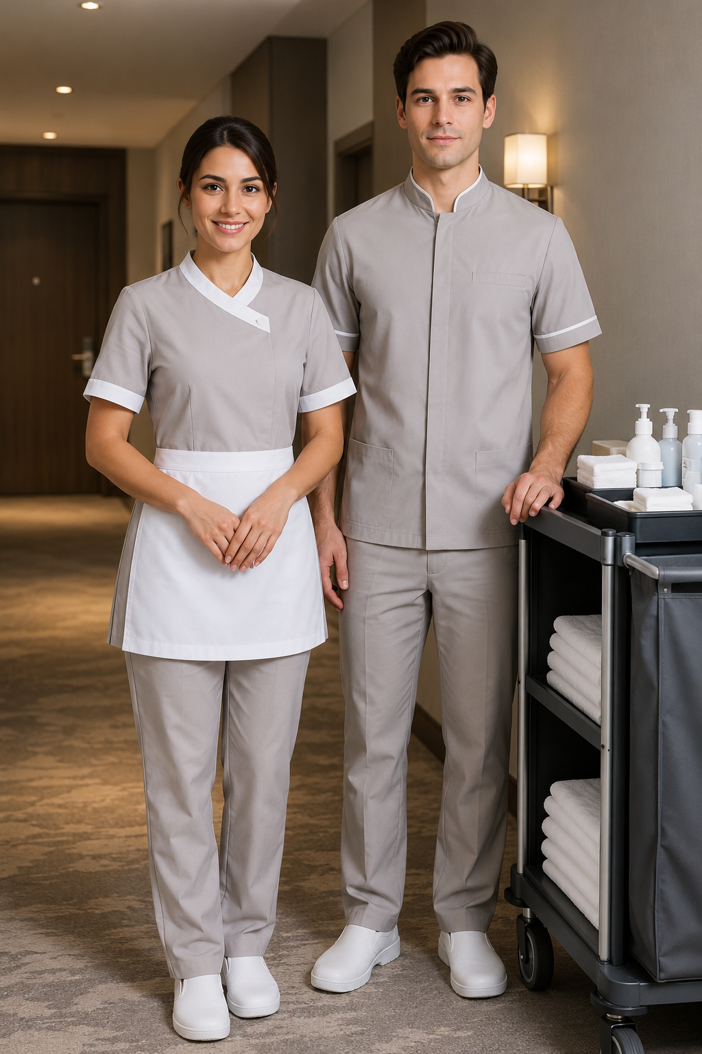 Açıklama: Krallar Tekstil tarafından otel kat hizmetleri personeli için hazırlanan, konforlu, dayanıklı ve profesyonel housekeeping üniforması.