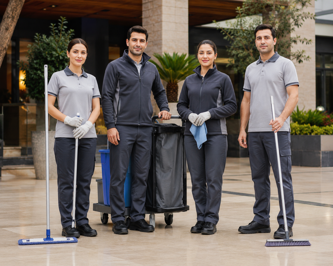 Krallar Tekstil tarafından üretilen otel meydan personeli kıyafetleri; genel alan temizlik ekipleri için dayanıklı, konforlu ve kurumsal görünüm sunan profesyonel iş kıyafetleridir.