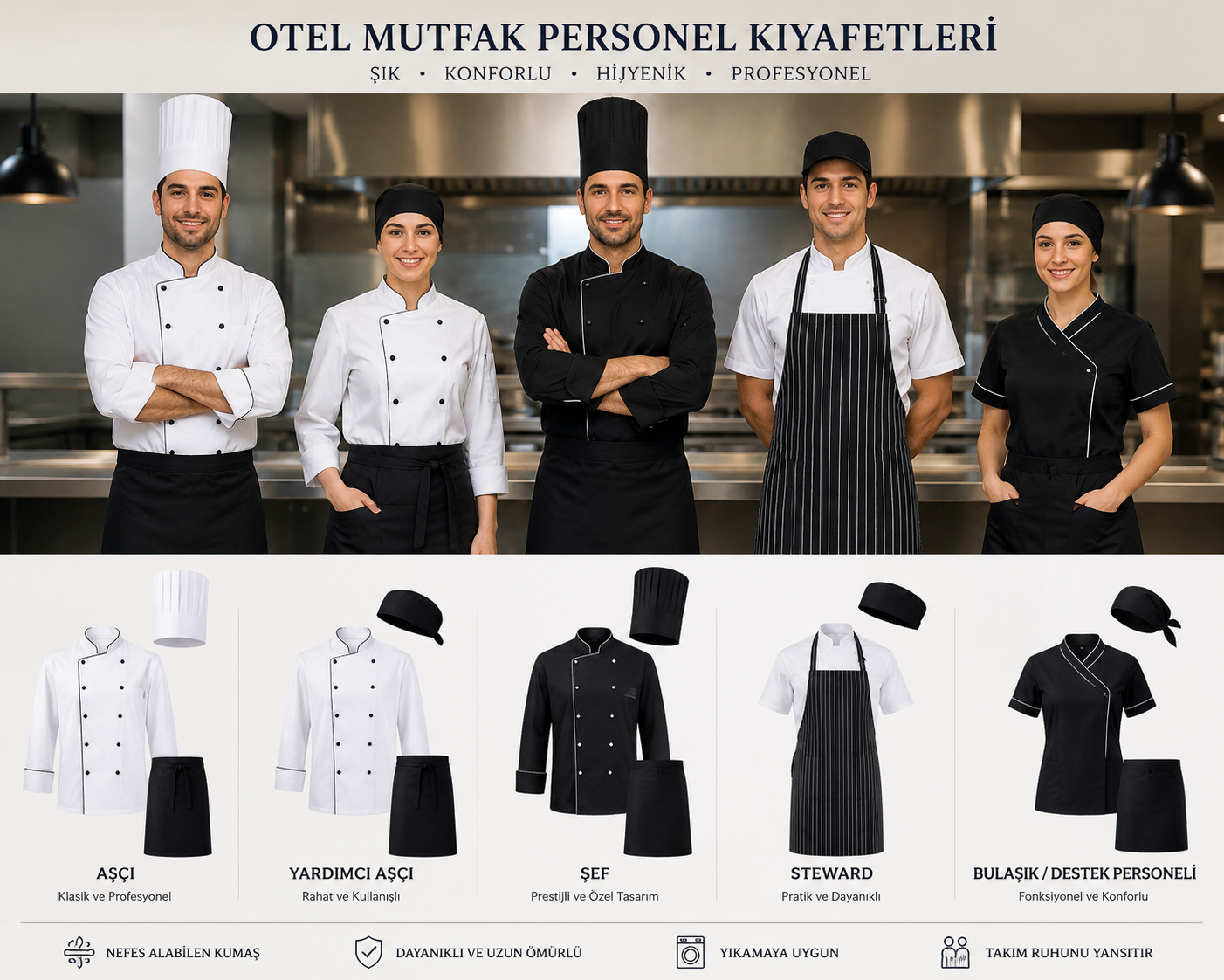 Krallar Tekstil tarafından otel mutfak personeli için üretilen şık, dayanıklı, hijyenik ve konforlu profesyonel kıyafet seçenekleri.
