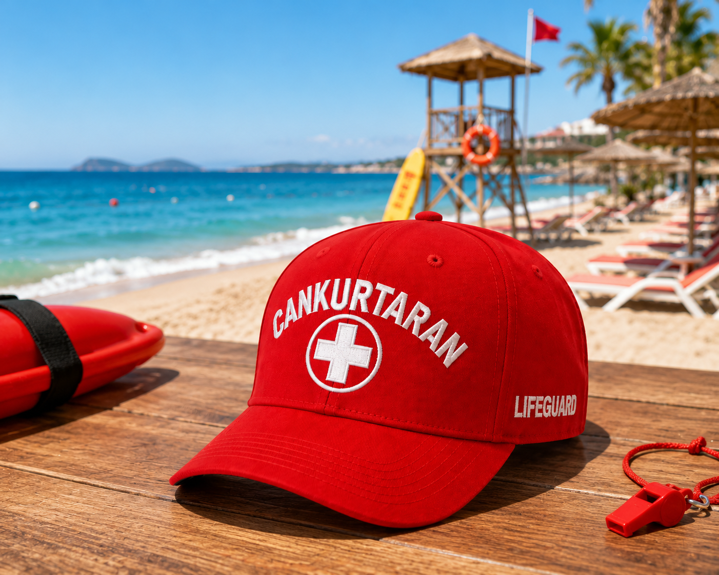Otel, resort ve plaj işletmeleri için hazırlanan kırmızı renkli profesyonel cankurtaran şapkası.