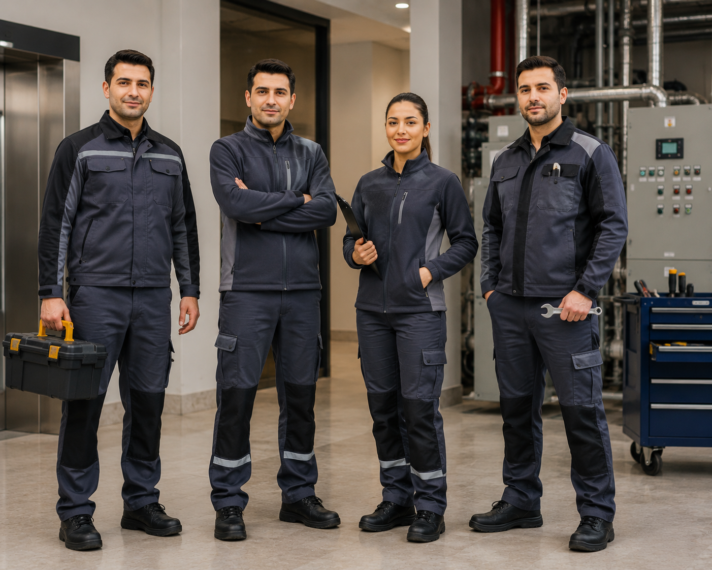 Krallar Tekstil'in otel teknik servis personeli için ürettiği iş kıyafetleri; yoğun kullanıma uygun, dayanıklı kumaş yapısı ve profesyonel tasarımıyla işletmelere uzun ömürlü çözümler sunar.