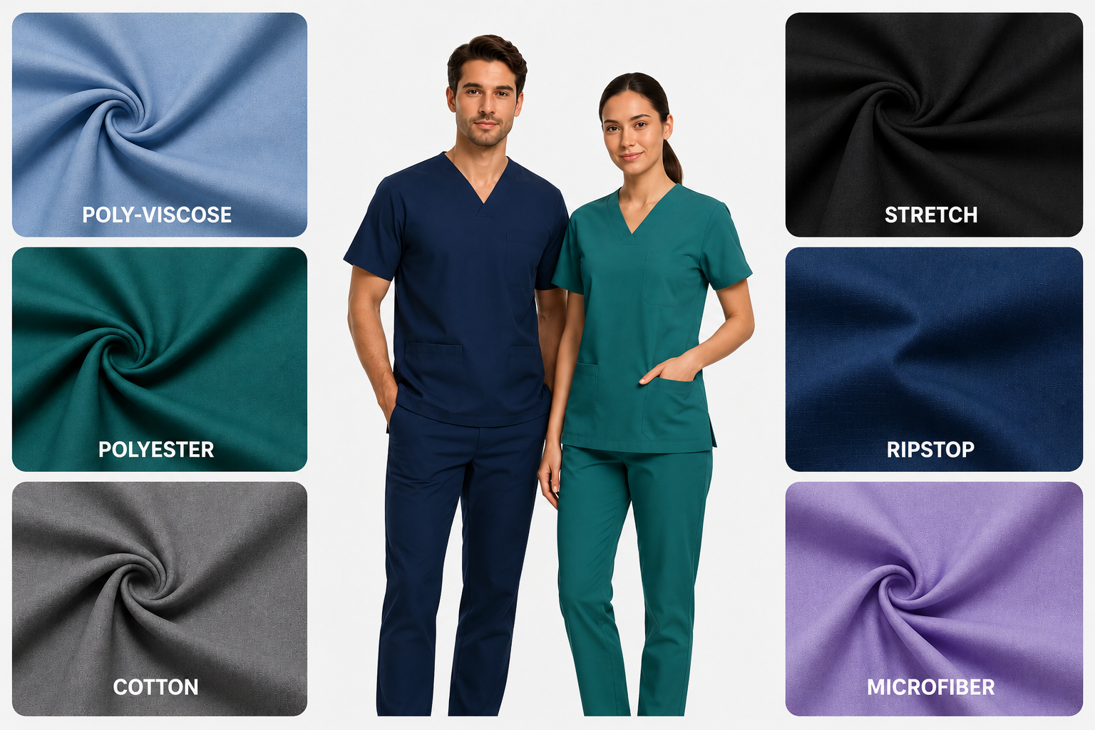 Scrubs kumaş çeşitleri; poly-viscose, polyester, pamuk, stretch, ripstop ve mikrofiber gibi farklı kumaş seçenekleriyle sağlık sektörünün ihtiyaçlarına uygun çözümler sunar. Krallar Tekstil, doktor, hemşire, ebe, teknisyen ve tüm sağlık personeli için nefes alabilen, dayanıklı, esnek ve uzun ömürlü scrubs kumaşlarıyla kurumsal üretim gerçekleştirmektedir.