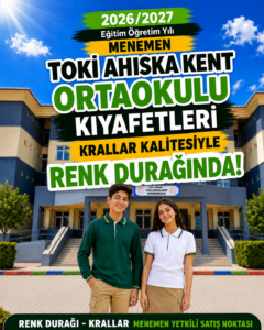 TOKİ Ahıska Kent Ortaokulu okul kıyafetleri ve okul forması, Krallar Tekstil tarafından üretilmekte ve Renk Durağı Menemen Yetkili Satış Noktası’nda sunulmaktadır.