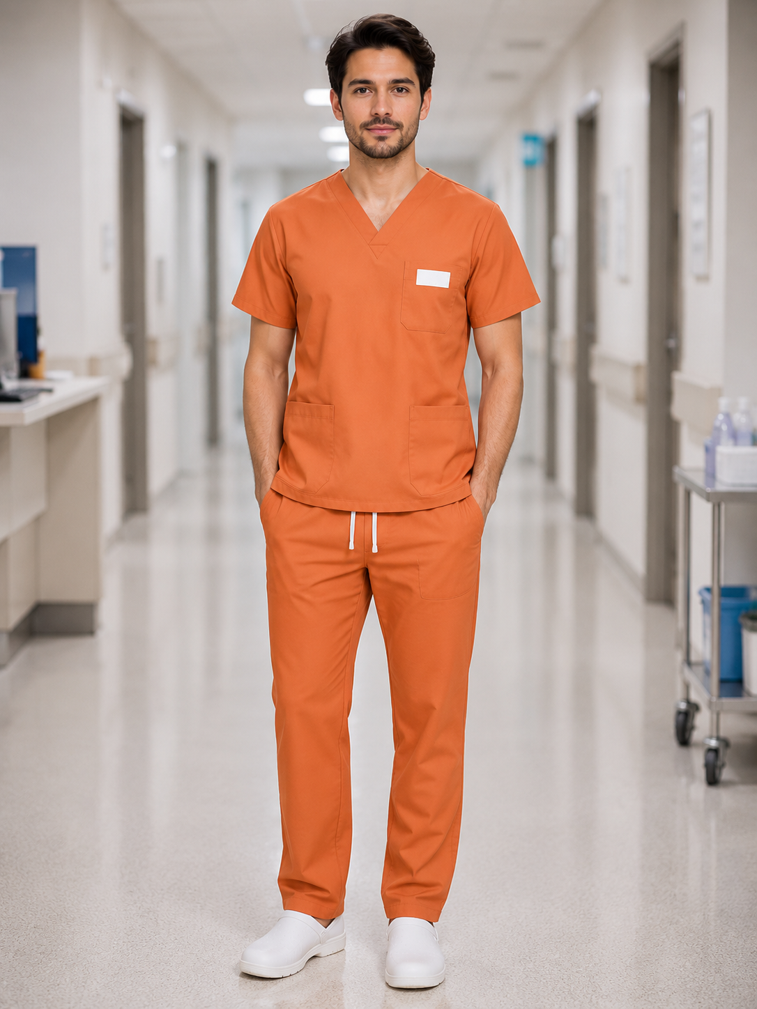 Turuncu scrubs takımı, acil servis personeli, paramedikler, ATT çalışanları, ilk yardım ekipleri ve sağlık destek personeli tarafından kullanılabilecek konforlu bir üniformadır. Krallar Tekstil kalitesiyle üretilmektedir.