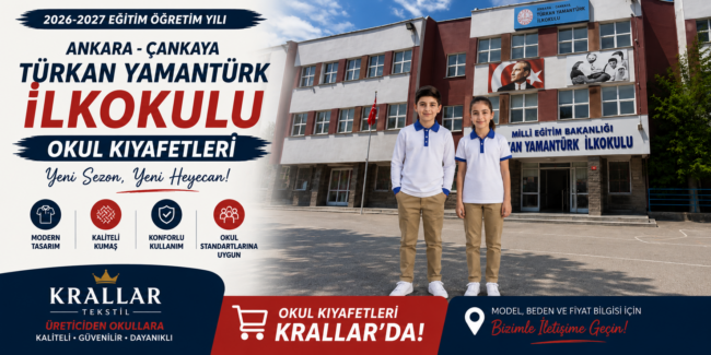 ankara-cankaya-turkan-yamanturk-ilkokulu-okul-kiyafetleri-krallar Ankara Çankaya Türkan Yamantürk İlkokulu 2026-2027 okul kıyafetleri. Beyaz-lacivert polo tişört ve bej pantolon modelleri Krallar Tekstil kalitesiyle.