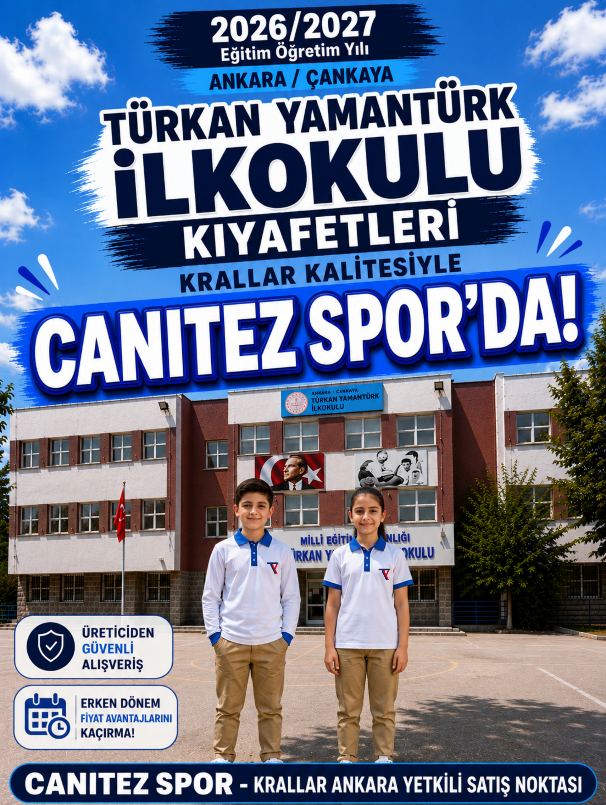 Ankara Çankaya Türkan Yamantürk İlkokulu okul kıyafetleri ve okul forması, Krallar Tekstil tarafından üretilmekte ve CANITEZ SPOR - Krallar Ankara Yetkili Satış Noktası'nda sunulmaktadır.