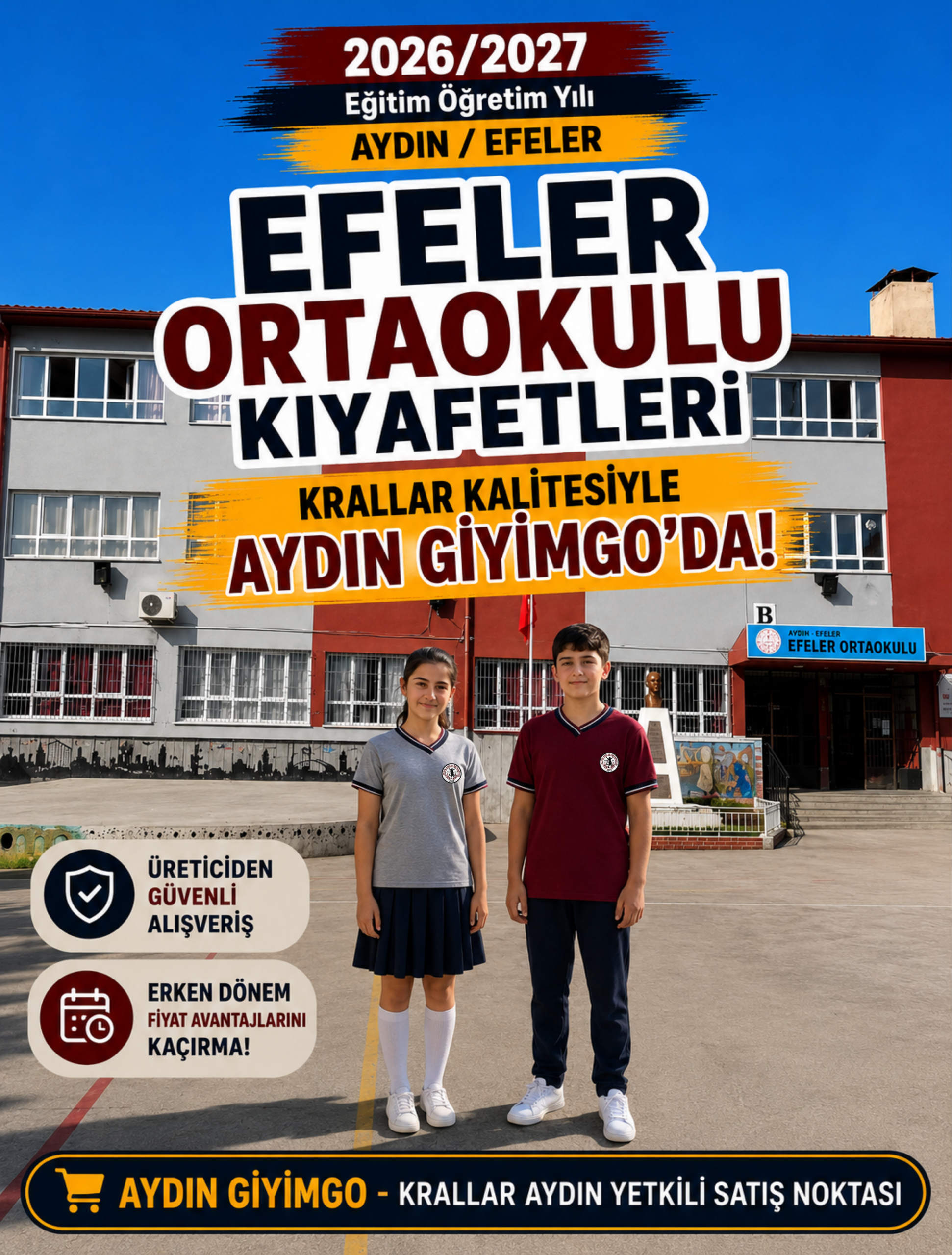 Aydın Efeler Ortaokulu Aydın Giyimgo'da Okul Forması Kıyafeti Yeni Sezon 2026-2027 Krallar