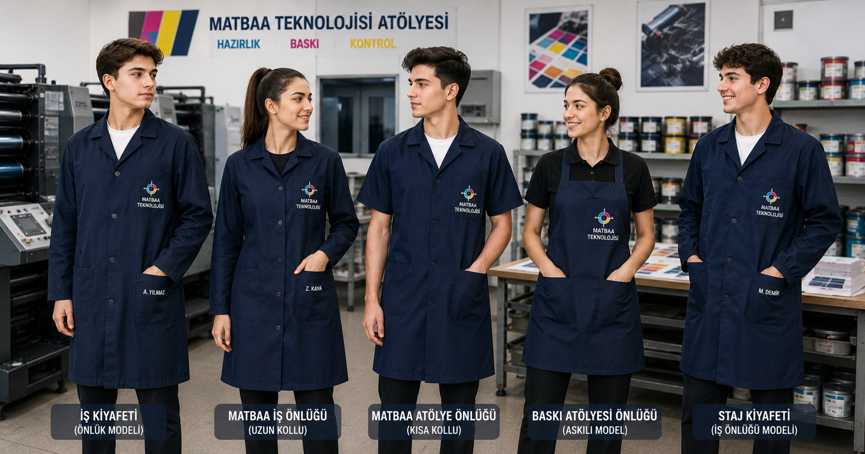 Matbaa ve baskı atölyelerinde kullanıma uygun, dayanıklı ve rahat Krallar Tekstil Baskı Atölyesi Önlüğü.